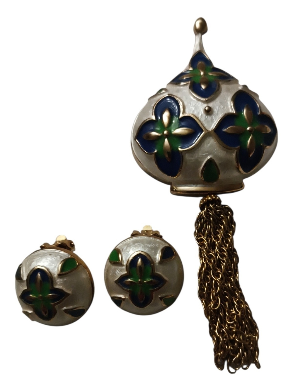 #151 Vintage-Inspired Blue Green Enamel Pendant/Brooch and Clip-On Earrings Set